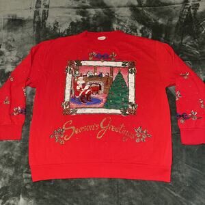 Holiday Time Sweatshirt Women’s Large Red Christmas Season’s Greetings Graphic